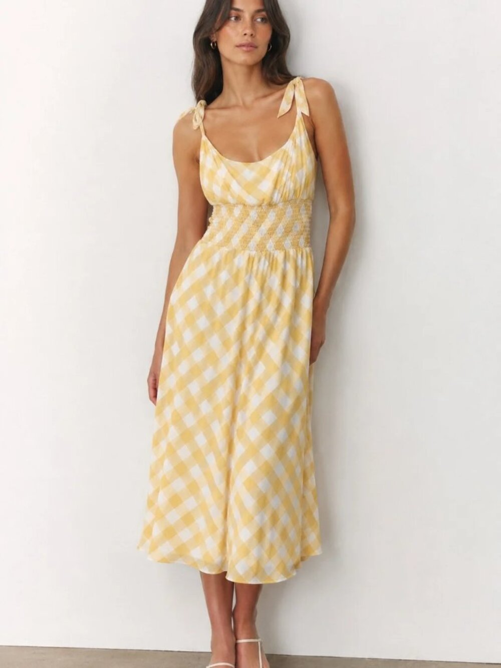 REFORMATION Yellow Gingham Smocked Midi Dress Size M Tie Shoulder Cottagecore